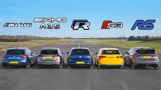 AMG A35 v BMW M140i v Golf R v Audi S3 v Focus RS  DRAG RACE ROLLING RACE amp BRAKE TEST [upl. by Devine]