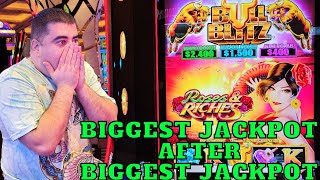 BIGGEST JACKPOT After BIGGEST JACKPOT On Bull Blitz Slot Machine [upl. by Anaoy496]