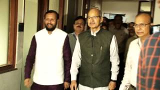 MoEFCC Shri Anil Madhav Dave being received by HRD Minister Prakash Javadekar [upl. by Symer578]