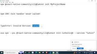 npm ERR Exit handler never called TypeError Invalid Version latest react native [upl. by Hafinah]