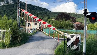 TRENO CON STROMBAZZATA LUNGHISSIMA E FRENATA IMPROVVISA al passaggio a livello di LEGGIUNO [upl. by Eselehs]