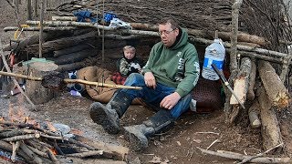 Survival Camping with 3 Yr Old  Building Survival Shelter with Shovel [upl. by Let]