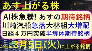 あす上がる株 2024年３月５日（火）に上がる銘柄 ～最新の日本株での株式投資。初心者でも。日経平均株価が４万円を突破。エヌビディア連騰で、AI関連銘柄、半導体株、さくらインターネット～NVIDIA [upl. by Ewald]