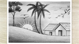 Sunset Scenery Drawing with Pencil Sketch Pencil Drawing for Beginners [upl. by Crisey]