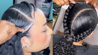 How to make 4 braids look like 2 with added curls  Braided Ponytail With Braiding Hair [upl. by Neau]