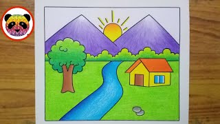 Scenery Drawing  How to Draw Beautiful Landscape Scenery  Village Scenery Drawing Easy  Scenery [upl. by Laohcin]