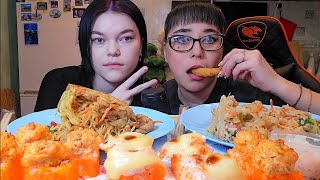 Мукбанг  Роллы Запечённые Рис с курицей и овощамиУдон со свининойКреветки темпура  Обжор Асмр [upl. by Aisyle]