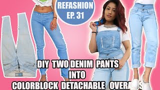 DIY Convert Old Jeans Into Detachable DungareeOveralls Renu Shrestha  Refashion Ep 31 [upl. by Llyrpa]