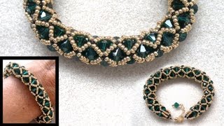 Netted beaded bracelet with 6mm Swarovski and seedbeads beading tutorial [upl. by Eidok]