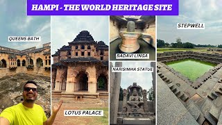 HAMPI The World Heritage Site BADAVI LINGA NARASIMHA STATUE QUEENS BATH LOTUS PALACE STEPWELL [upl. by Refotsirhc]