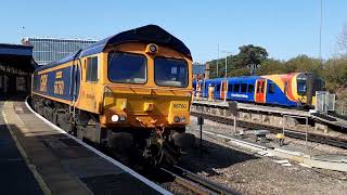 GBRf Class 66 66760 and 66799 depart Bournemouth with tone  3Y88  220322 [upl. by Alyacim]