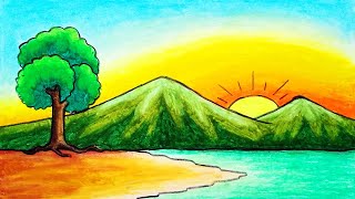 How To Draw Sunrise Scenery With Oil Pastel and Pencil Color  Drawing Sunrise Scenery [upl. by Beore]