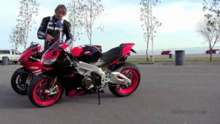 Italian VFour Literbike Shootout Aprilia RSV4 Factory vs Ducati Desmosedici [upl. by Ldnek]