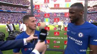 quotEden Hazard please stayquot 🤣 Rudiger and Hazards brilliant interview after wining the FA Cup [upl. by Esilahc]