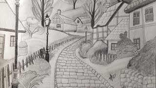 beautiful scene drawing of village pathway  scenery drawing with pencil  nature drawing [upl. by Dwain]