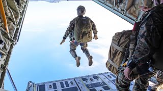 US Marines Paratroopers Jump from KC130 Hercules and UH1N Huey [upl. by Alamat]