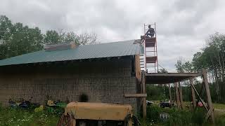 Installing The Last Two Pieces Of Roofing Metal On This Side Of Our Post And Beam Building [upl. by Dnalrah]