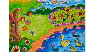 Easy Garden scene drawing  Spring season drawing tutorial [upl. by Negris]