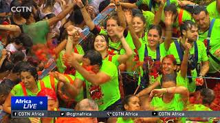 Thousands of revellers attending the La Tomatina festival in Spain engage in epic food fight [upl. by Eibba]