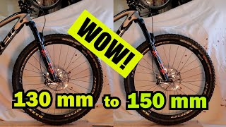 Fox MTB Fork travel increase 130mm to 150mm How to increase mtb fork travel [upl. by Eilahtan]