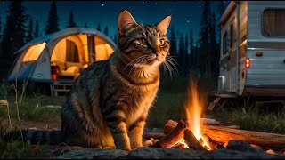 Relaxing Camping Ambiance  Camping with Cats Campfire Crackling Fire Crickets Sound For Sleep [upl. by Marcelia779]