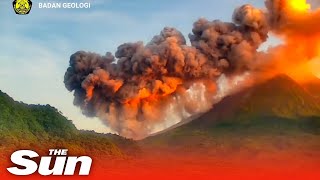 Moment Indonesias Mount Merapi volcano erupts spewing lava [upl. by Lecrad528]