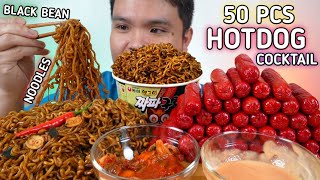 50PCS HOTDOG AND BLACK BEAN NOODLES CHAPAGURI MUKBANG  Collab W JellysKitchen [upl. by Wiebmer]