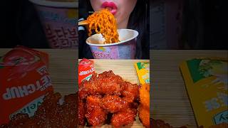 EATING SPICY BULDAK CHEESE NOODLES WITH SPICY FRIED CHICKEN shorts mukbang cheesenoodles [upl. by Yekcim]