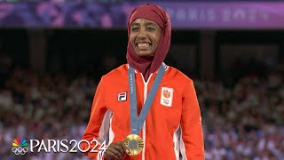 Sifan Hassan takes in medal ceremony after winning women’s marathon gold  Paris Olympics [upl. by Wiskind]