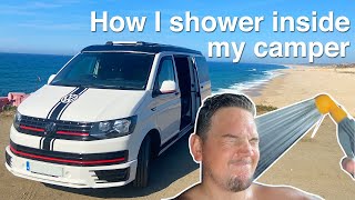 How to take a shower INSIDE a small camper how i take a HOT shower in my vw T6 campervan [upl. by Hcir]