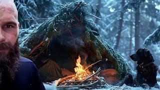 Bushcraft Winter Camping In A Primitive Shelter With My Dog [upl. by Spada]