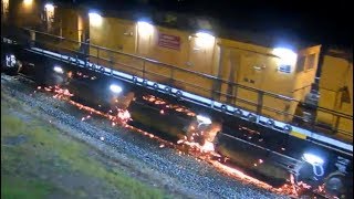 LORAM RAIL GRINDER  CLOSEUP NIGHTTIME at Deshler OH 8162019 [upl. by Nicoli959]