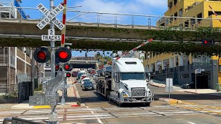 Truck Stops on Railroad Tracks as Train Approaches  Laurel Street Railroad Crossing San Diego CA [upl. by Tenahs734]