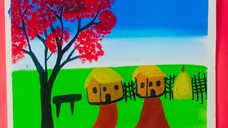 Village scenery art with poster colour পোস্টার রং দিয়ে গ্রামের দৃশ্য আঁকা [upl. by Chladek756]