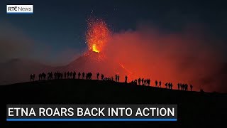 Italys Mount Etna volcano roars back into action with spectacular cascades of lava [upl. by Enrique]