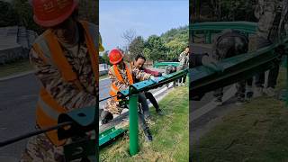 Manual installation process of bend guardrail on rural roads [upl. by Inoj]