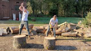 Fiskars VS Ochsenkopf  just 2 guys splitting wood woodworking axe split shorts axt [upl. by Nospmoht]