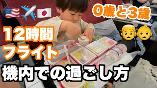 【赤ちゃんと3歳の子連れ搭乗記】国際線飛行機での子供と機内の過ごし方｜ロサンゼルス⇄日本 海外旅行長距離フライト [upl. by Suedama]