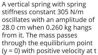 A vertical spring with spring stiffness constant 305 Nm oscillates with an amplitude of 280cm when [upl. by Ax373]