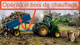 Mission bois de chauffage pour le John Deere 4049R et la Stihl ms 194 T [upl. by Outhe]