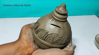 Primitive technique make DIY piggy bank without any pottery wheel  money saver mini clay bank [upl. by Chatterjee]