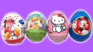 4 Surprise Eggs Hello Kitty Minnie Mouse Winnie The Pooh and Mickey Mouse Kinder Surprise Eggs [upl. by Ruvolo]