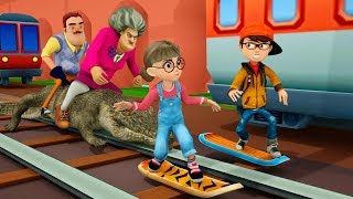 Scary Teacher 3D vs Subways Surfers Fails in Train Animation  Nick vs Tani Fly on Skateboard [upl. by Suicul898]