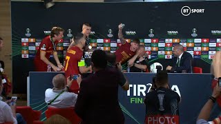 José Mourinhos press conference gatecrashed 🍾  Roma players celebrate UECL triumph with the boss [upl. by Htabazile]