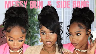 HIGH MESSY BUN AND SIDE BANG HAIR TUTORIAL  STEP BY STEP TUTORIAL  Chev B [upl. by Asiram]