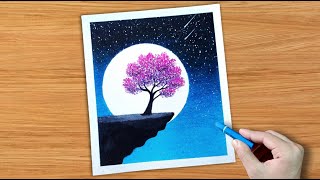 Drawing with oil pastel  Moonlight night scenery drawing shorts [upl. by Brass]