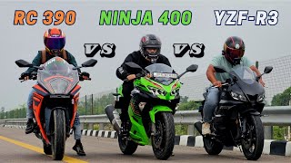 NINJA 400 vs KTM RC390 vs 2024 YAMAHA R3  DRAG RACE🔥 [upl. by Melvina]