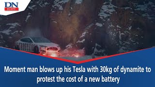 Moment man blows up his Tesla with 30kg of dynamite to protest the cost of a new battery [upl. by Annayar]