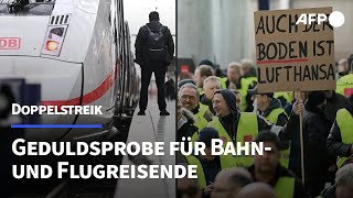 Doppelstreik Geduldsprobe für Bahn und Flugreisende  AFP [upl. by Adnwahsor]