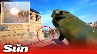 Moment Azov fighter ambushes Russian BMP in Mariupol Ukraine [upl. by Etirugram]